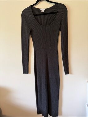 Bar III Charcoal Ribbed Long Sleeve Scoop Neck Dress